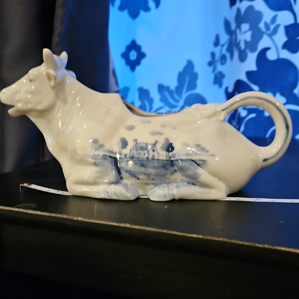 Blue and White Ceramic Cow Creamer - Classic Farmhouse Home Art